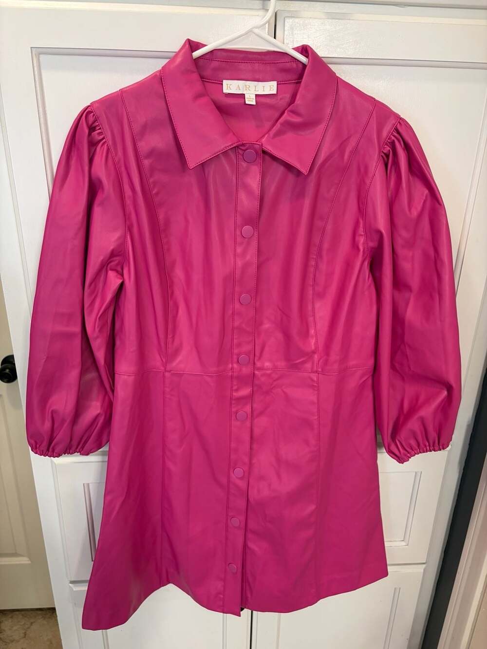 Karlie Faux Leather Puff Sleeve Button Down Hot Pink Barbie Dress Size L